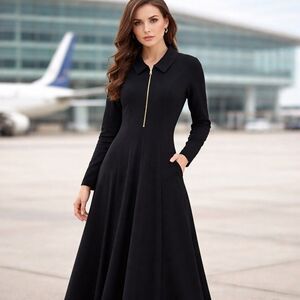 Soft Surroundings Black Collared Zip Front Maxi Dress Long Sleeve Pockets Size M
